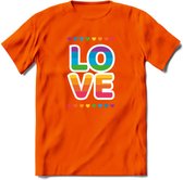 Love | Pride T-Shirt | Grappig LHBTIQ+ / LGBTQ / Gay / Homo / Lesbi Cadeau Shirt | Dames - Heren - Unisex | Tshirt Kleding Kado | - Oranje - S