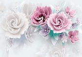 Vliesbehang Roze Bloemen XXL – Fotobehang Bloemen – 368 x 254 cm – Roze Wit