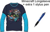 Minecraft T-shirt Longsleeve. Kleur Donkerblauw/Koningsblauw. Maat 152 cm / 12 jaar + EXTRA 1 Stylus Pen.