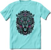 Wolf - Dieren Mandala T-Shirt | Roze | Grappig Verjaardag Zentangle Dierenkop Cadeau Shirt | Dames - Heren - Unisex | Wildlife Tshirt Kleding Kado | - Licht Blauw - M