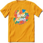 Love Wins | Pride T-Shirt | Grappig LHBTIQ+ / LGBTQ / Gay / Homo / Lesbi Cadeau Shirt | Dames - Heren - Unisex | Tshirt Kleding Kado | - Geel - XXL
