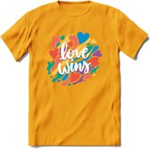 Love Wins | Pride T-Shirt | Grappig LHBTIQ+ / LGBTQ / Gay / Homo / Lesbi Cadeau Shirt | Dames - Heren - Unisex | Tshirt Kleding Kado | - Geel - XL
