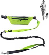 Sharon B - Reflecterende hardloopriem voor honden - 2 delige set - anti shock - schokabsorberende bungee riem - incl. heuptas - neongroen - elastisch - handsfree - trainingslijn - leiband - d