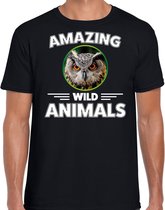 T-shirt uil - zwart - heren - amazing wild animals - cadeau shirt uil / uilen liefhebber 2XL