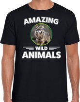 T-shirt wolf - zwart - heren - amazing wild animals - cadeau shirt wolf / wolven liefhebber 2XL
