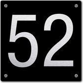 Huisnummerbord - huisnummer 52 - zwart - 12 x 12 cm - rvs look - schroeven - naambordje - nummerbord  - voordeur