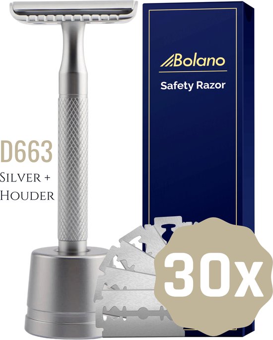 Bolano® Safety Razor Set Zilver + 30 Double Edge Scheermesjes + Houder