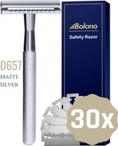 Bolano® Safety Razor Mat Zilver + 30 Double Edge Scheermesjes - Klassiek Scheermes voor Mannen en Vrouwen - D657