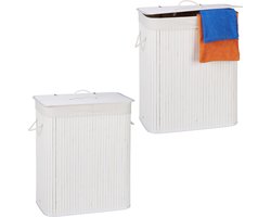 2x wasmand 2 vakken - bamboe wasbox wit - 95 liter - opvouwbaar - met deksel