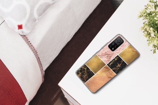 Telefoonhoesje Geschikt voor Xiaomi Mi 10T 5G hoesje - Marmer print - Rosé - Goud - Siliconen Telefoonhoesje Telefoonhoesje