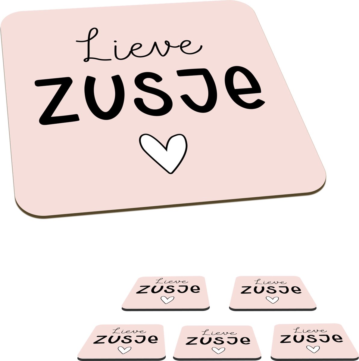Onderzetters voor glazen - Zus - Tekst - Roze - Pastel - 10x10 cm - Glasonderzetters - 6 stuks