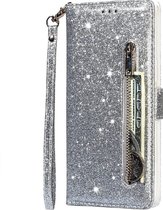 LuxeBass Hoesje geschikt voor Samsung Galaxy A12 Glitter Bookcase met rits - hoesje - portemonneehoesje - Zilver - telefoonhoes - gsm hoes - telefoonhoesjes