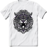 Tijger - Dieren Mandala T-Shirt | Paars | Grappig Verjaardag Zentangle Dierenkop Cadeau Shirt | Dames - Heren - Unisex | Wildlife Tshirt Kleding Kado | - Wit - XXL