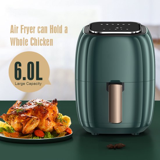 EVVO Airfryer without oil, 6 L, 1700 W, non-stick tray, dual-cyclone technology, multifunctional, baking, dewatering, defrosting, up to 200 °C, automatic switch-off, black