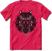 Uil - Dieren Mandala T-Shirt | Grijs | Grappig Verjaardag Zentangle Dierenkop Cadeau Shirt | Dames - Heren - Unisex | Wildlife Tshirt Kleding Kado | - Roze - XXL