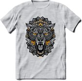 Wolf - Dieren Mandala T-Shirt | Geel | Grappig Verjaardag Zentangle Dierenkop Cadeau Shirt | Dames - Heren - Unisex | Wildlife Tshirt Kleding Kado | - Licht Grijs - Gemaleerd - S