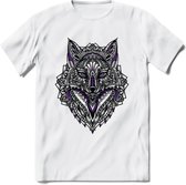Vos - Dieren Mandala T-Shirt | Paars | Grappig Verjaardag Zentangle Dierenkop Cadeau Shirt | Dames - Heren - Unisex | Wildlife Tshirt Kleding Kado | - Wit - XL