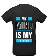 Huurdies Sportshirt | My mind is my weapon | maat  L | Bedrukkingskleur lichtblauw  | shirt zwart