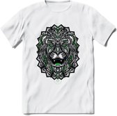 Leeuw - Dieren Mandala T-Shirt | Groen | Grappig Verjaardag Zentangle Dierenkop Cadeau Shirt | Dames - Heren - Unisex | Wildlife Tshirt Kleding Kado | - Wit - XL