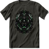 Leeuw - Dieren Mandala T-Shirt | Groen | Grappig Verjaardag Zentangle Dierenkop Cadeau Shirt | Dames - Heren - Unisex | Wildlife Tshirt Kleding Kado | - Donker Grijs - M