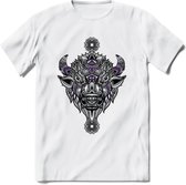 Bizon - Dieren Mandala T-Shirt | Paars | Grappig Verjaardag Zentangle Dierenkop Cadeau Shirt | Dames - Heren - Unisex | Wildlife Tshirt Kleding Kado | - Wit - M