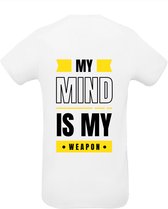 Huurdies Sportshirt | My mind is my weapon | maat  L | Bedrukkingskleur  geel | shirt wit