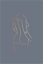 Poster - lijntekening - vrouw - line art - rug vrouw - wanddecoratie - 30x40 cm - blauw - goudlook