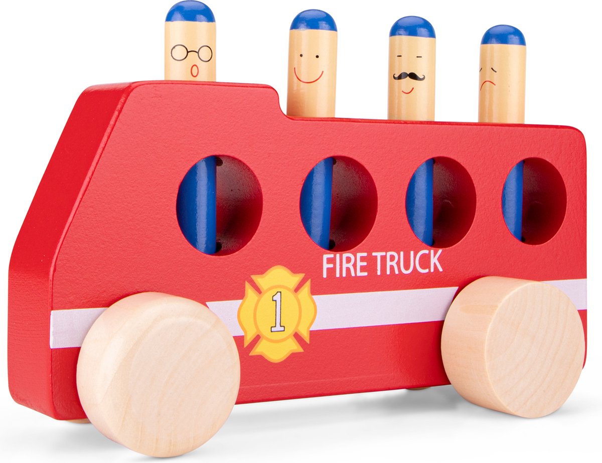 Woet® Houten Pop Up Brandweerauto - Rode Brandweerwagen met Brandweermannen - FSC Speelgoedvoertuig - Actiespel - Educatief Speelgoed - Vanaf 2 Jaar — afbeelding 4