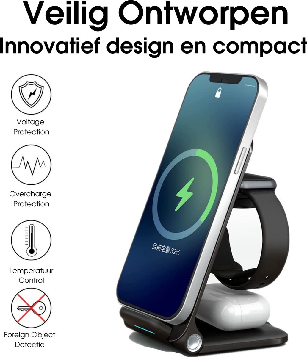 SAMMIT 3-in-1 Draadloze Oplader 15W - Geschikt voor iPhone, Android, iWatch, AirPods & Samsung Galaxy Buds - Wireless charger – foto 4