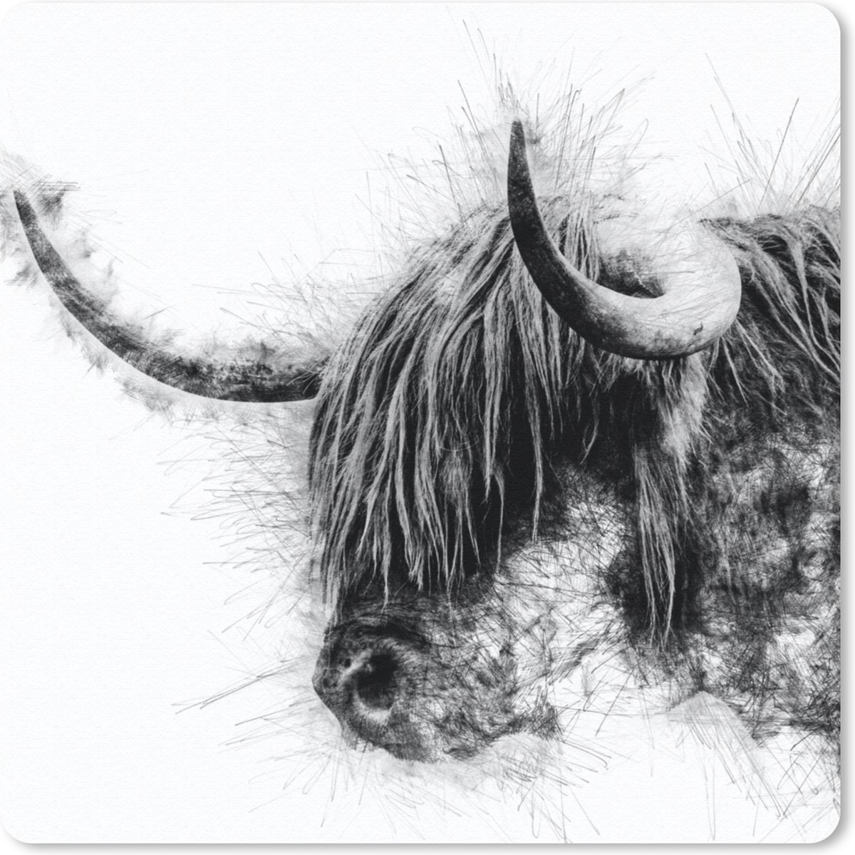 Muismat 30x30 cm - Mousepad Portret Schotse Hooglander - Zwart Wit - Muismatten