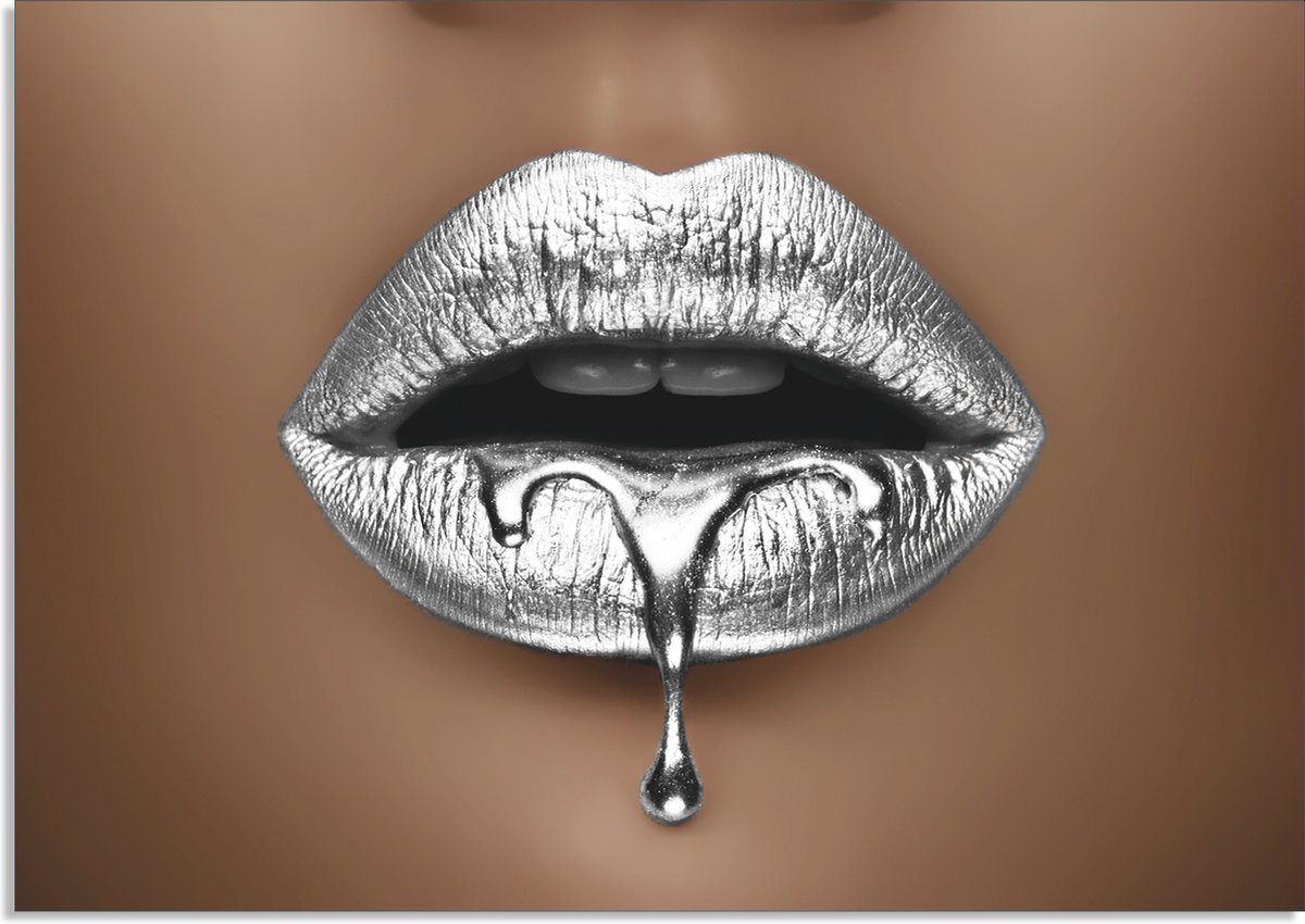 schilderij lippen - Zilver Lips - 75 x 100 cm - schilderij woonkamer slaapkamer - Modern Glamour Design Hotel Chique