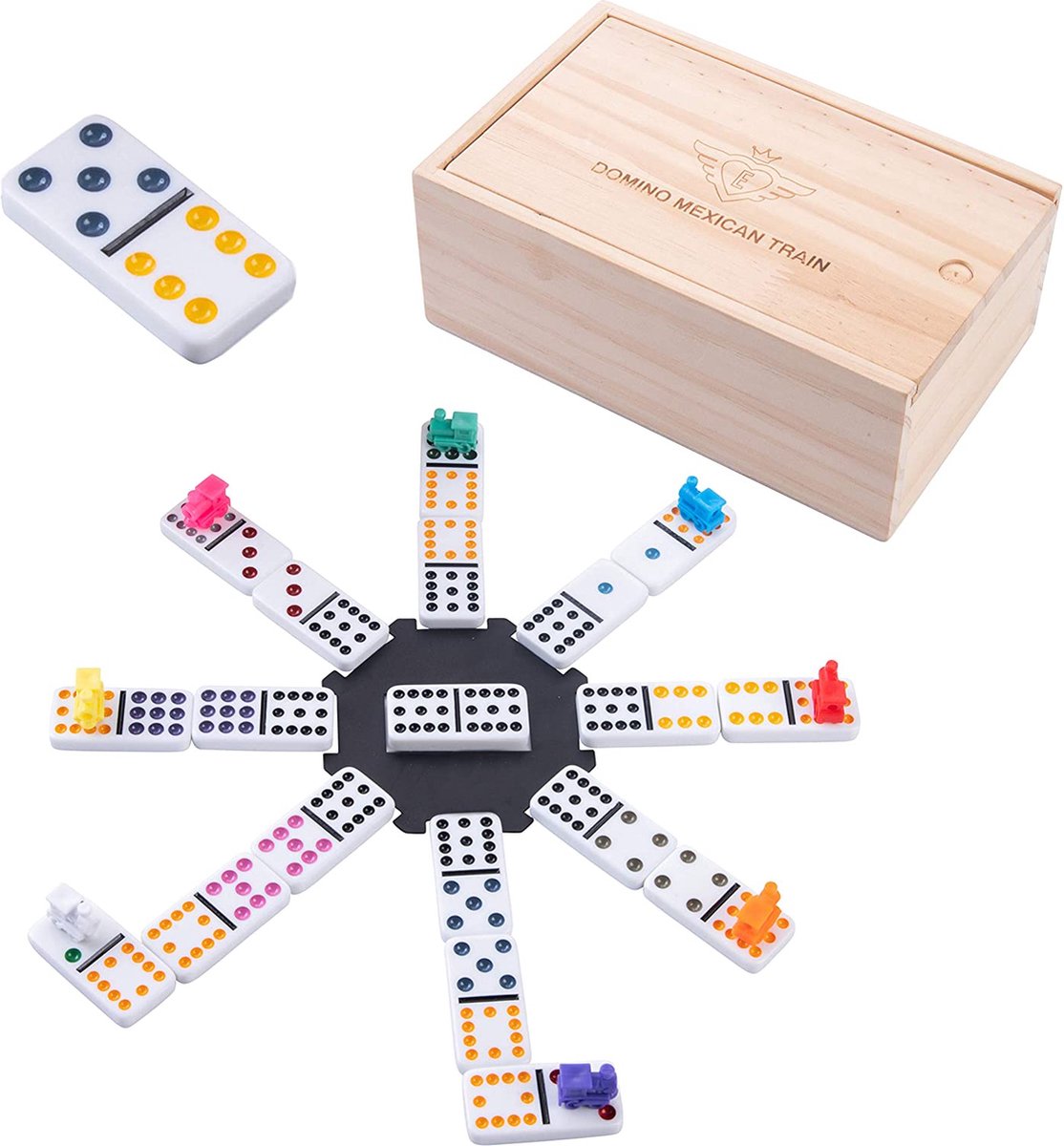 Domino Dubbel 12 Mexican Train – 91 Stenen met Gekleurde Ogen – Houten Kist met Schuifdeksel – Inclusief Station & Treinen – Strategisch Familiespel – Engelhart — afbeelding 12