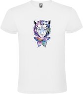 Wit t-shirt met grote print 'prachtige Tijger en Vlinder in pasteltinten' size XXL