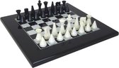 Moderne schaakset Piramide + Zwart gelakt schaakbord – 40×40 cm