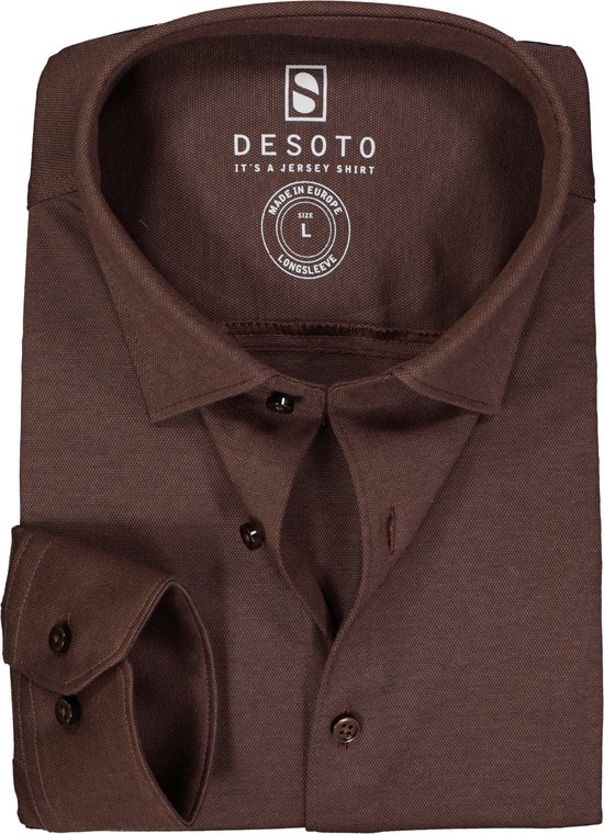 Chemise DESOTO coupe slim - tricot piqué stretch col Kent - marron foncé - Sans repassage - Côte Taille : 47/48