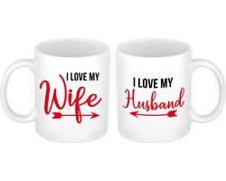 I love my wife and husband cadeau beker set - Valentijnsdagcadeau / huwelijkscadeau - valentijn cadeautje voor man en vrouw