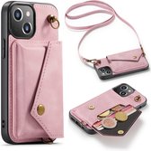 iPhone 13 Mini Casemania Hoesje Pale Pink - Luxe Back Cover met Koord - Wallet Case - Pasjeshouder