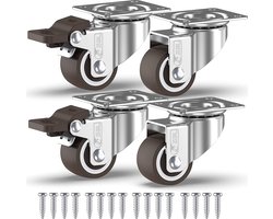GBL Zwarelast Zwenkwielen met 2 Remmen + Schroeven - 25mm tot 40KG - Pak van 4 Geen Vloersporen Silent Caster voor Meubels - Rubberen Trolley Wielen - Zilver