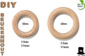 Bob Online ™ – 50mm Beukenhout Ringen – 5 Stuks + 60mm DIY Houten Ringen – 5 Stuks - DIY Beech Wood Rings – Houten Ringen – Voor knutselen, doe-het-zelf Handwerk, Sieraden Maken, H