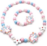 Kinderketting en armband voor meisjes houten kraaltjes roze en licht blauw unicorn en bloemen