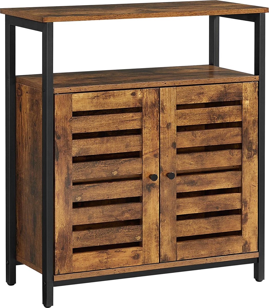 FURNIBELLA - ladenkast Kast, dressoir, keukenkastje met plank en lamellendeuren, multifunctioneel, woonkamer, slaapkamer, hal, industrieel ontwerp, vintage, donkerbruin LSC76BX