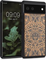 kwmobile telefoonhoesje compatibel met Google Pixel 6 - Hoesje met bumper in lichtbruin / zwart - kersenhout - Maya Kalender design