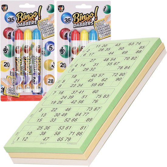 Thumbnail van een extra afbeelding van het spel 100x Bingokaarten nummers 1-90 inclusief 6x bingo stiften blauw/geel/rood