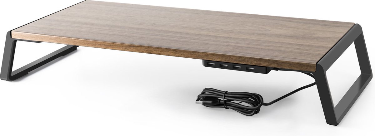 Alberenz - Monitorstandaard houtkleurig bruin - Monitorverhoger aluminium - 4 x USB - Monitor standaard - Beeldscherm verhoger