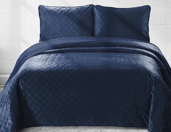 Couvre-lit en velours textile Dream bleu marine -(double 260 x 250 cm + 2  taies
