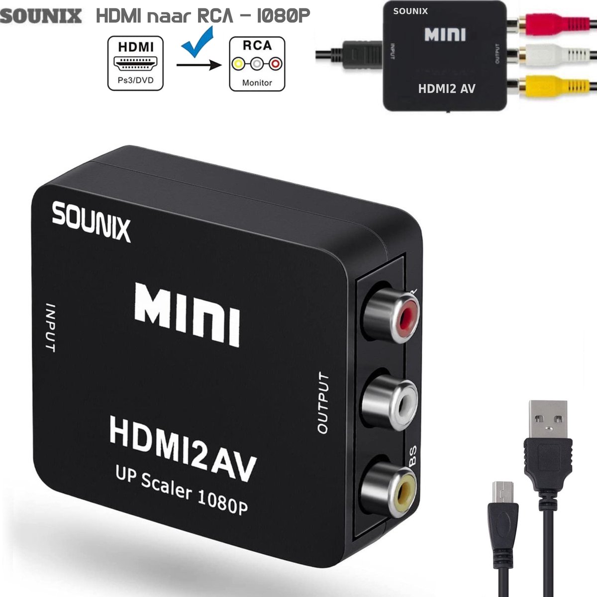 1 noir Adaptateur RCA vers HDMI, convertisseur AV vers HDMI, entrée RCA,  Sortie vidéo, Adaptateur Audio