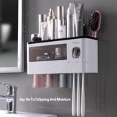 TuCao Automatische tandpasta dispenser knijper wandmontage en ruimtebesparende tandenborstelhouder voor badkamer, 3 transparante magnetische kopjes, 6 tandenborstelsleuf met deksel
