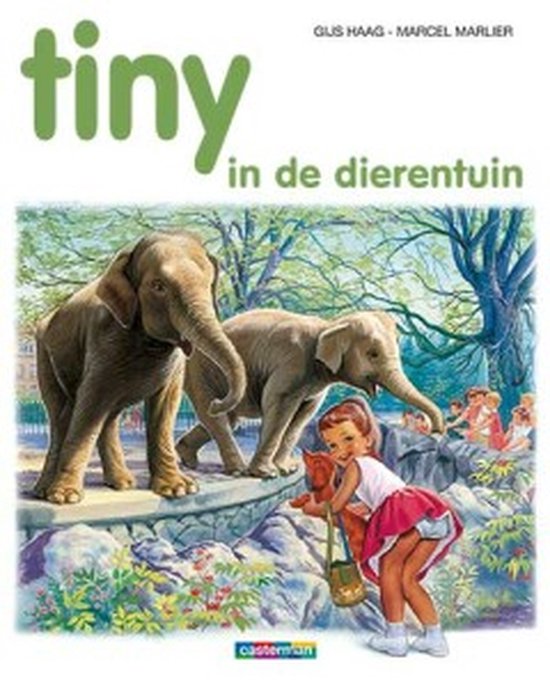 Couverture de livre 'Tiny au zoo' avec une jeune fille tenant un ours en peluche, deux éléphants et d'autres enfants en arrière-plan.