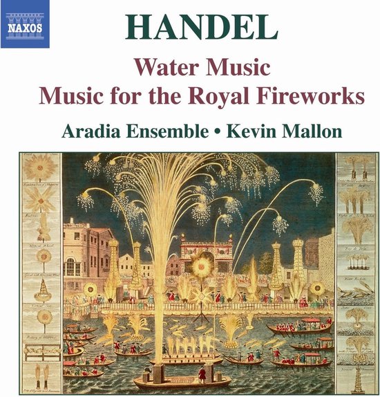 CD-hoes met schilderij van een vuurwerkshow op het water met schepen en gebouwen, getiteld "Handel Water Music Music for the Royal Fireworks".
