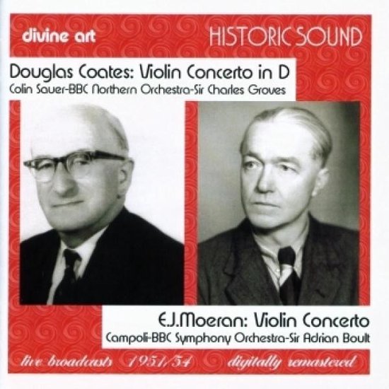 Twee portretten van mannen in pak, boven een albumhoes met tekst "Douglas Coates: Violin Concerto in D" en "E.J.Moeran: Violin Concerto".
